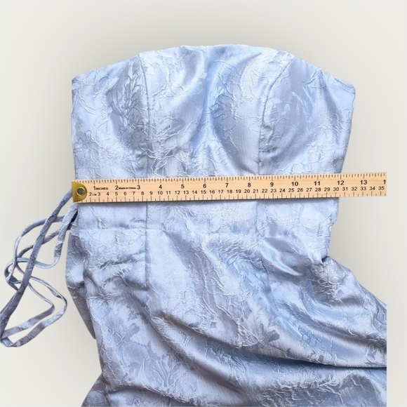 Satin Blue Damask Formal Evening Gown W/ Bow Strapless Satin  Size 0 NWOT - Picture 7 of 12